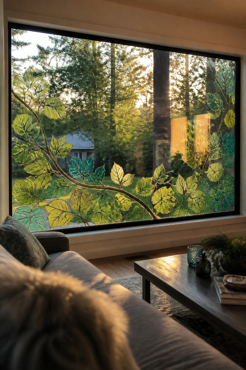 Cozy living room with large window adorned with green leaf patterns overlooking forest.