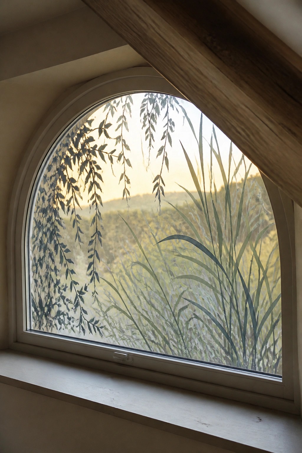 Arched window with etched plants framing a golden sunset over hills.
