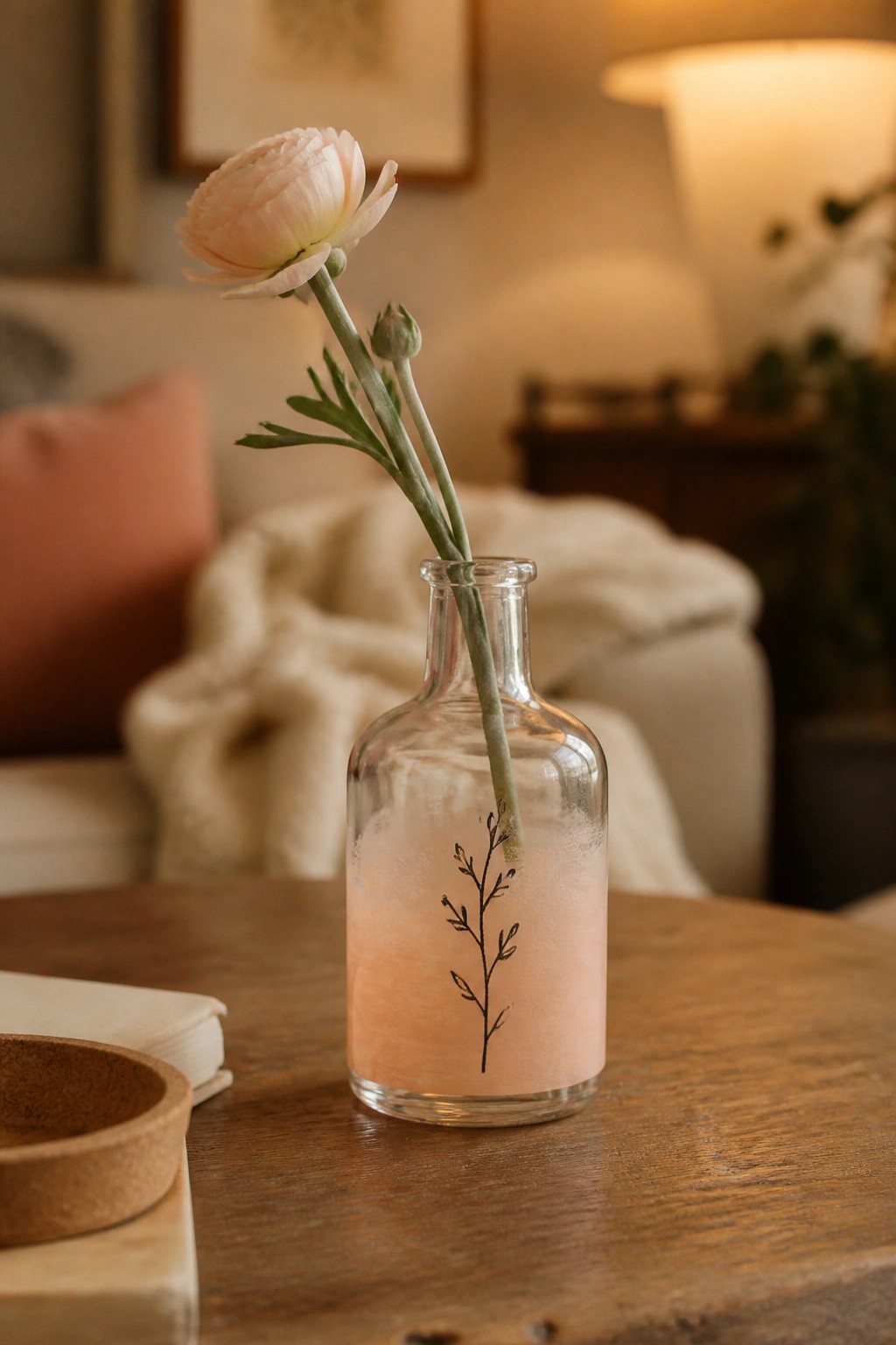 Light pink ranunculus in illustrated glass bottle on wooden table