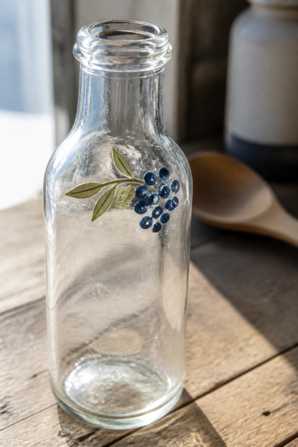 Clear glass bottle with painted blueberry cluster on rustic wooden table