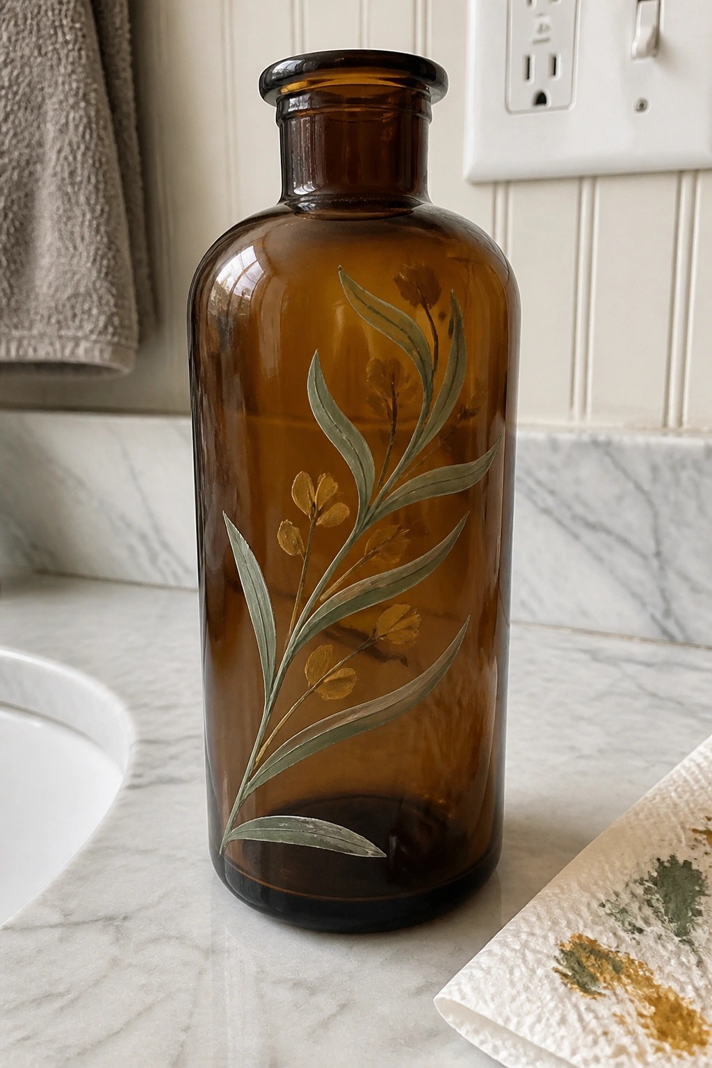 Brown glass bottle with hand-painted green leaves and yellow flowers on marble counter