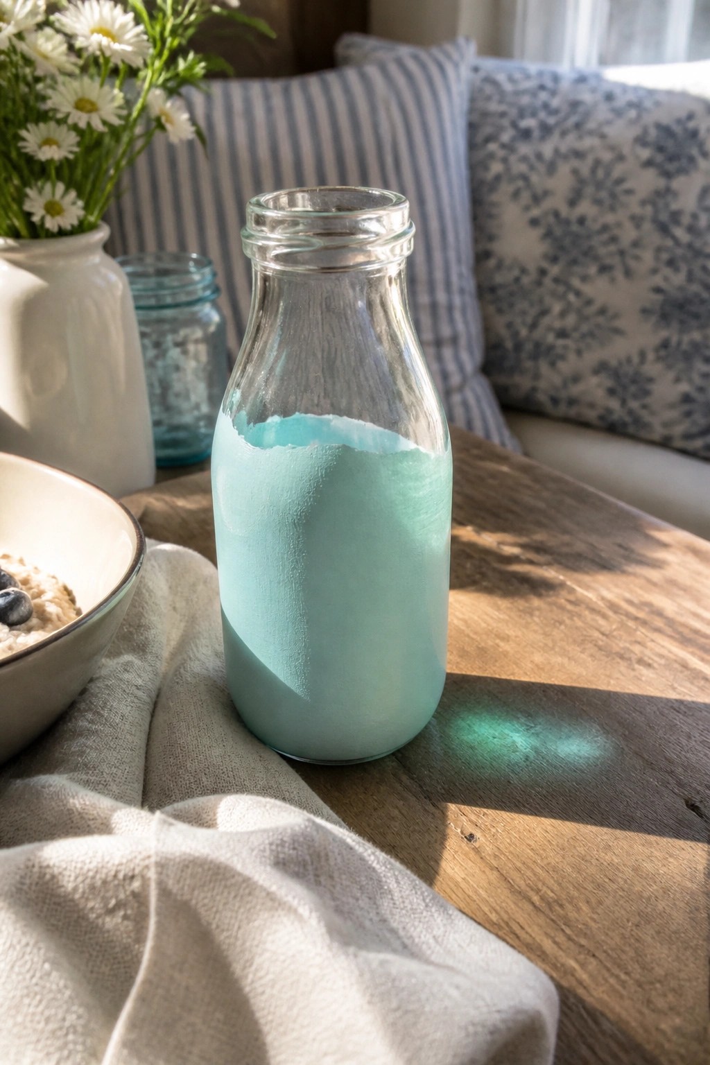 Chalky aqua-painted glass bottle on sunlit wooden table with daisies and oatmeal.