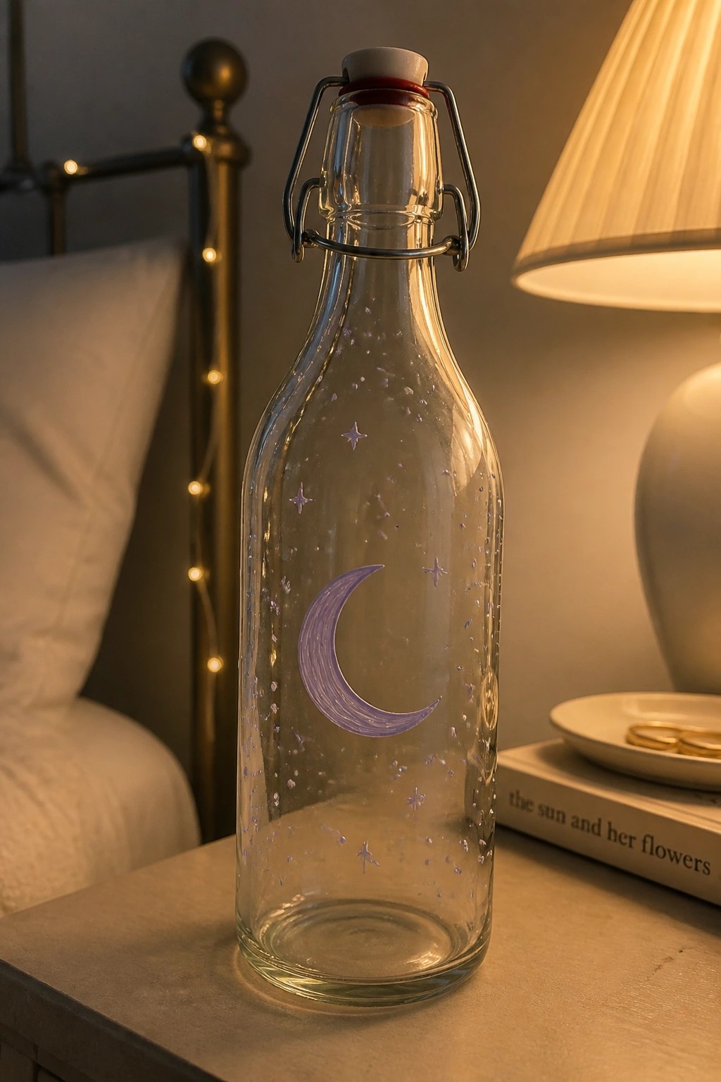 Glass bottle with purple crescent moon and stars on nightstand near lamp and book