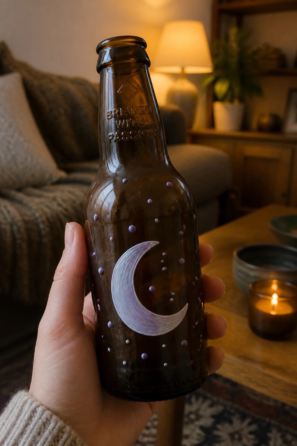 Hand holding brown glass bottle with crescent moon and purple dots in living room