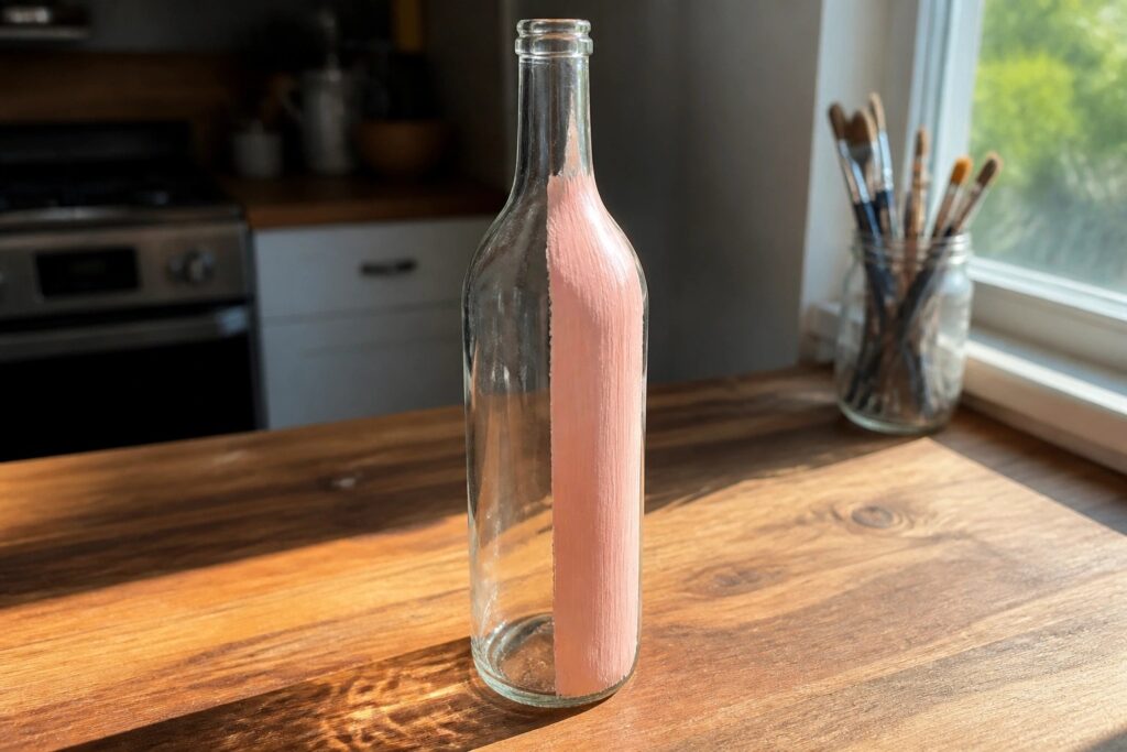 23 Minimal Bottle Painting Ideas for Simple Contemporary Home Decor A clear glass bottle with a vertical pink painted stripe stands on a wooden table next to a jar of paintbrushes.