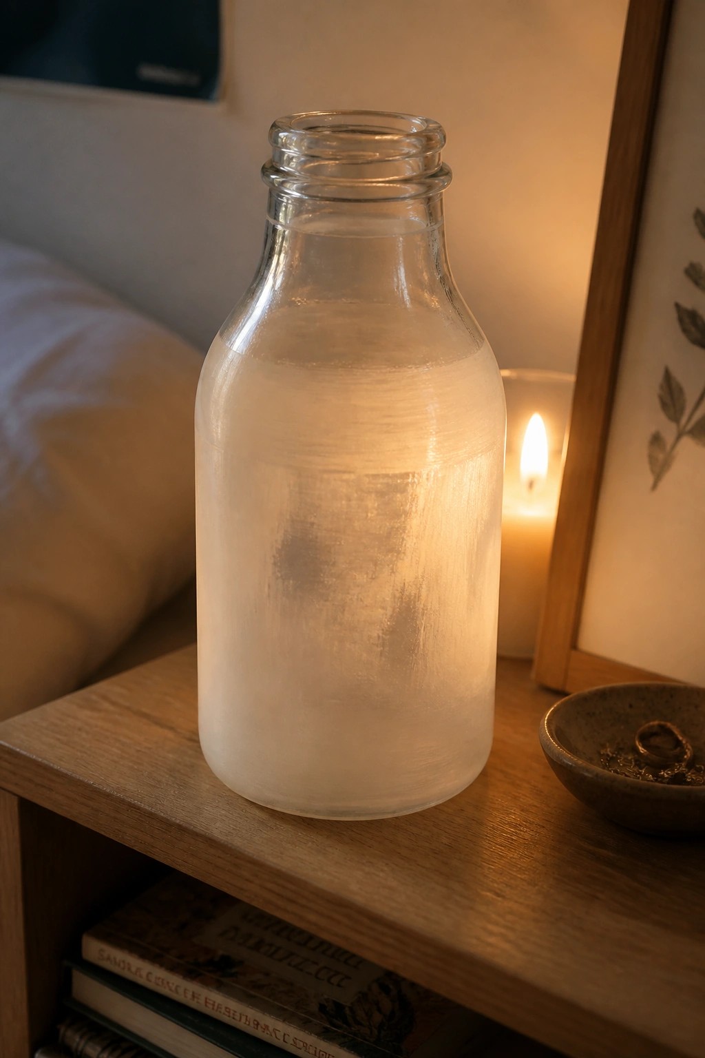 Frosted glass bottle glowing on wooden nightstand beside lit candle and books
