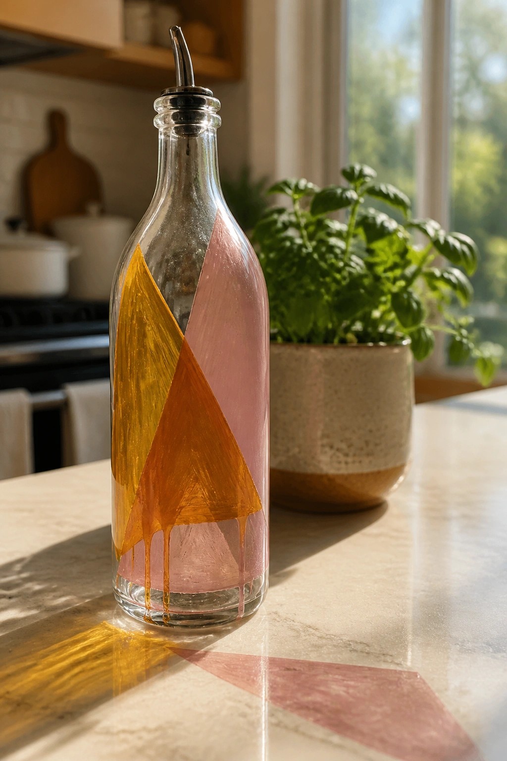 Glass bottle with pink and orange dripping geometric paint on marble counter