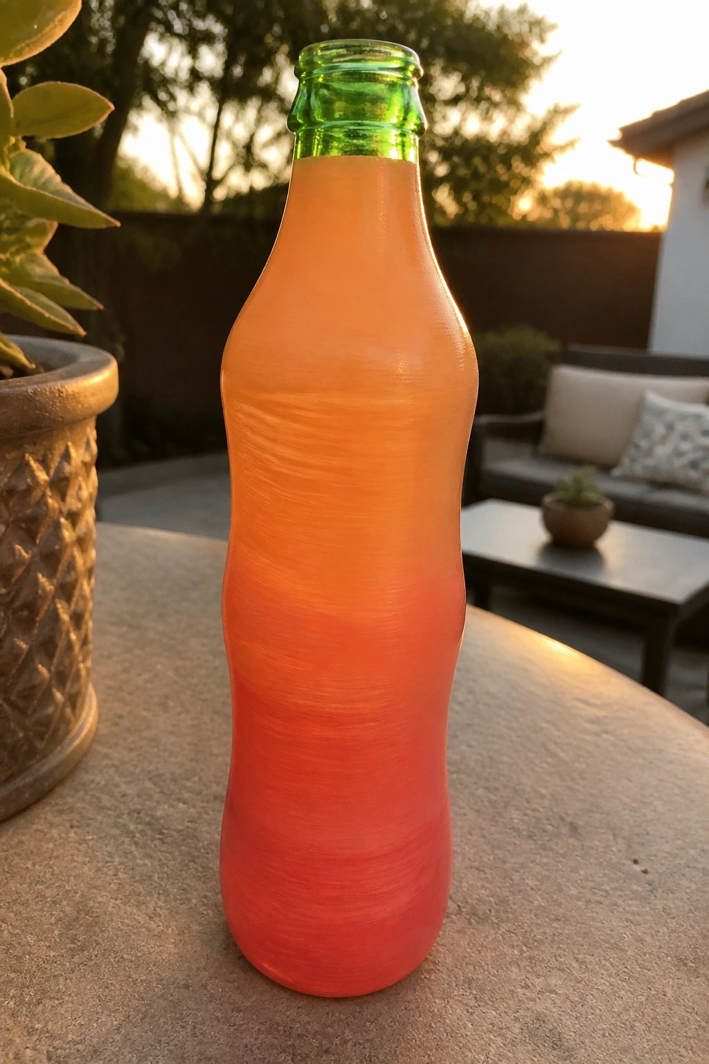 Orange-red gradient 3D-printed bottle with green neck on patio table at sunset.