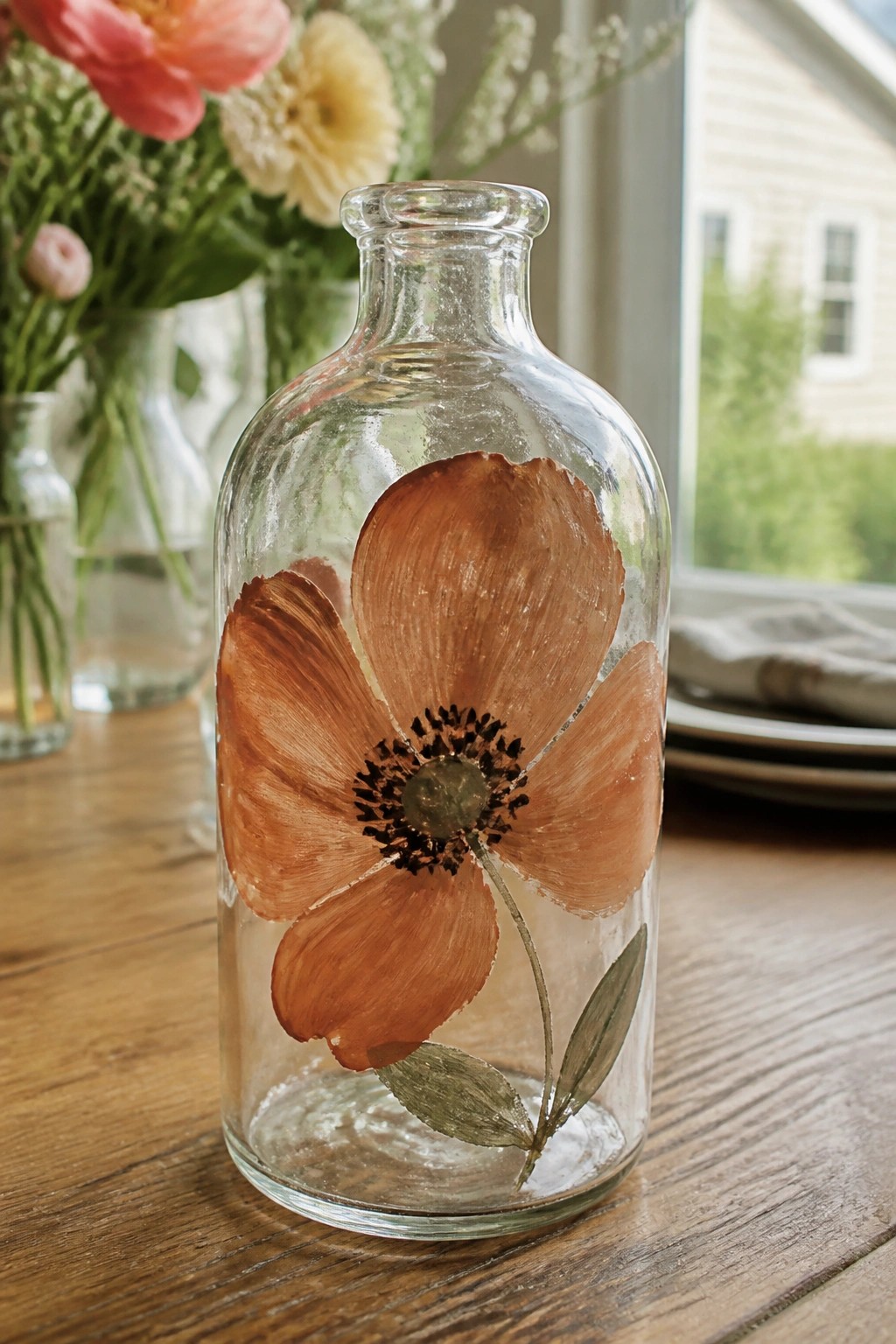 Clear glass bottle with hand-painted orange flower and green leaves on wood table