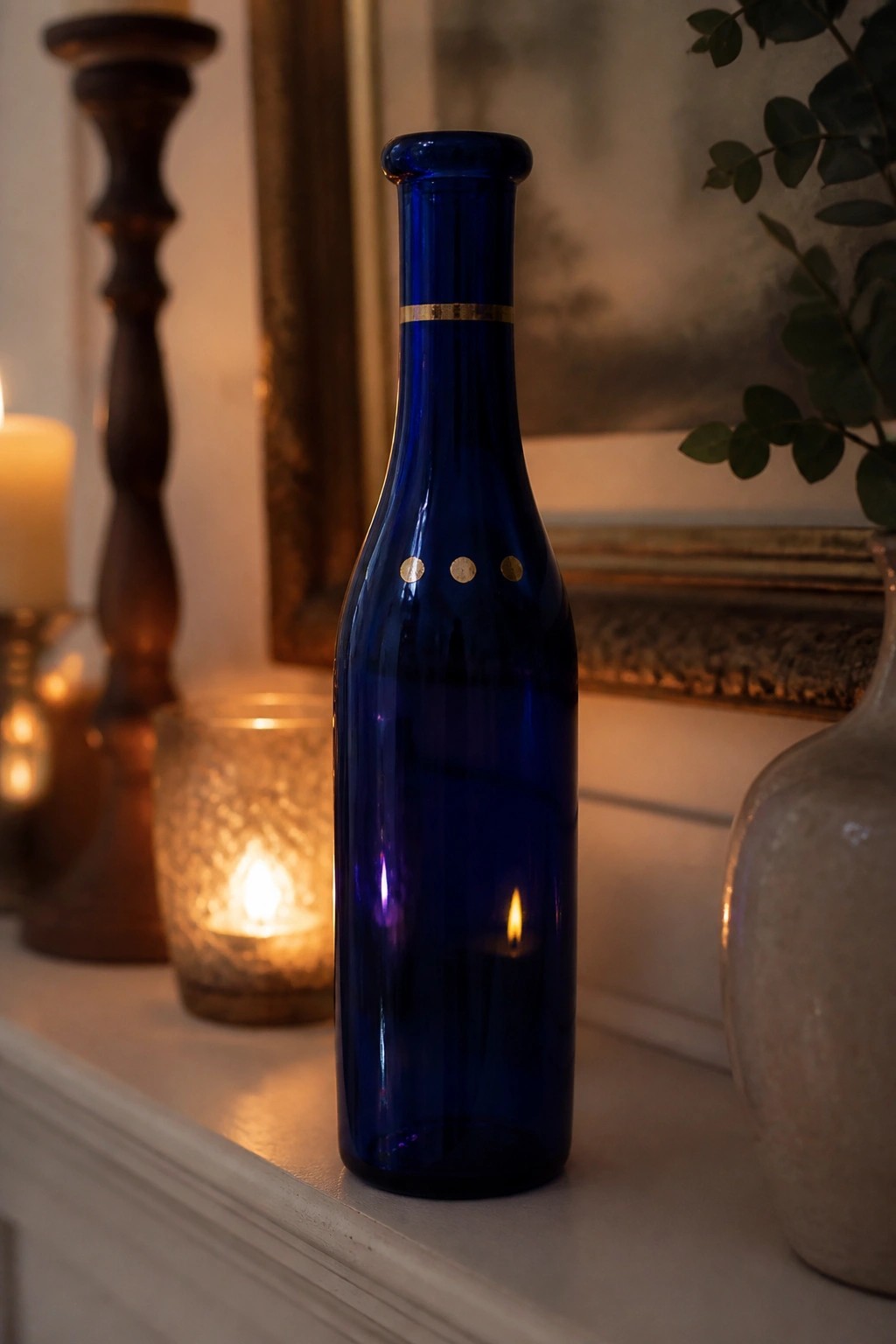 Blue glass bottle with gold accents holds lit candle on mantel with glowing candles nearby