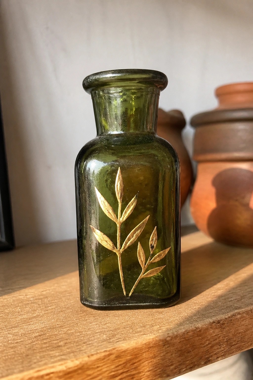 Small green glass bottle with gold leaf design on wooden shelf