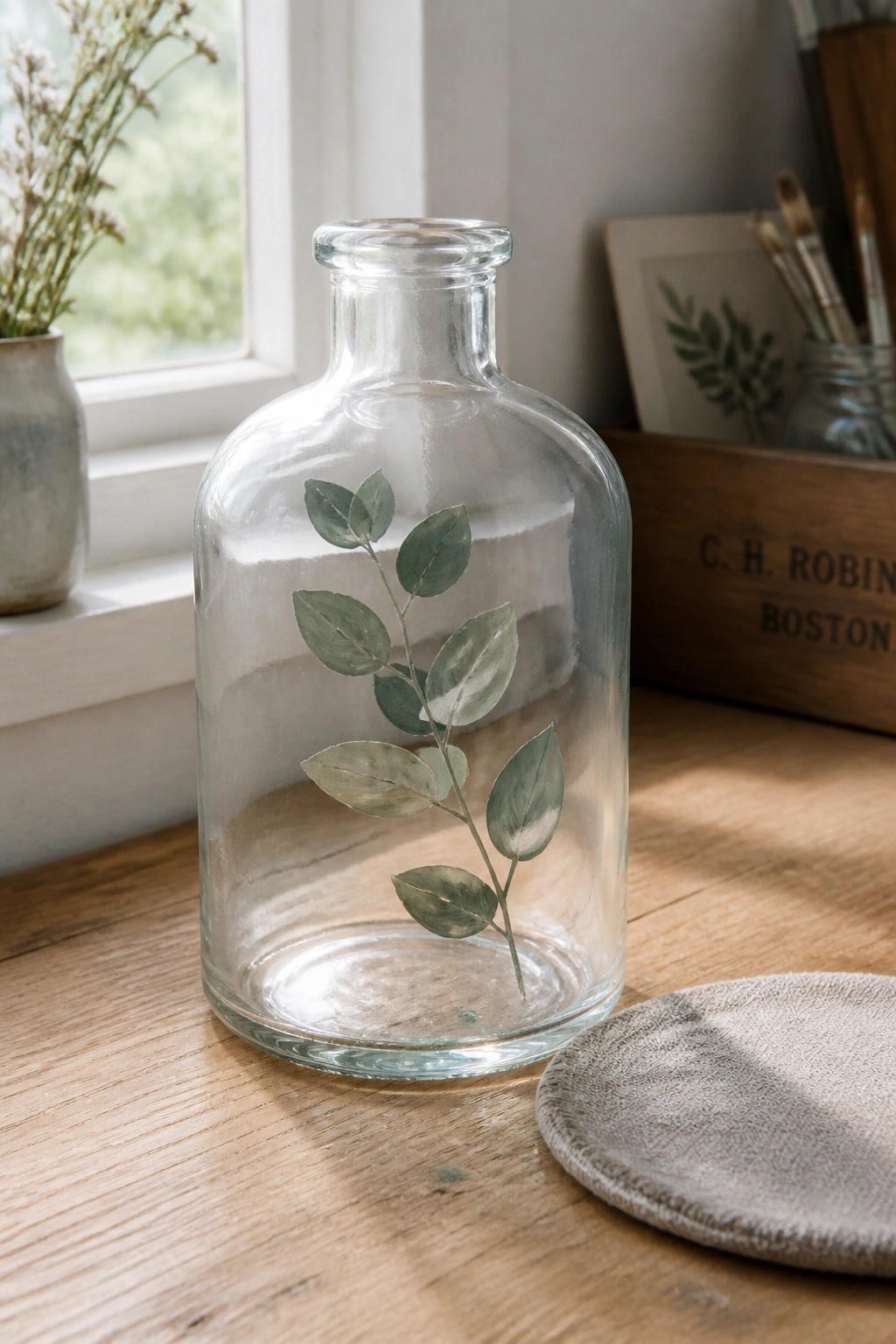Clear glass bottle with painted green leaves on rustic wooden table near window