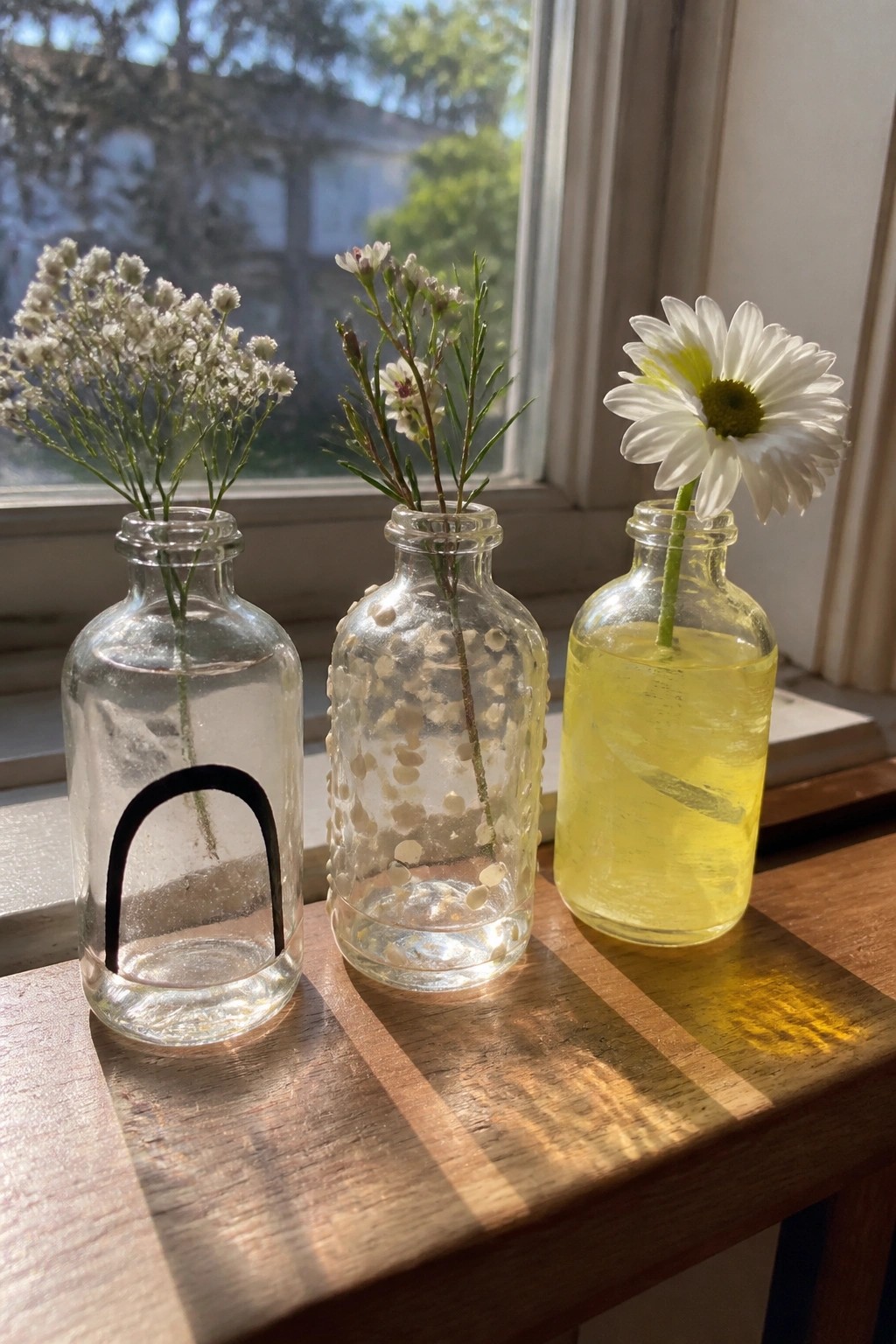 Three glass bottles with white flowers and yellow liquid on sunlit wooden windowsill