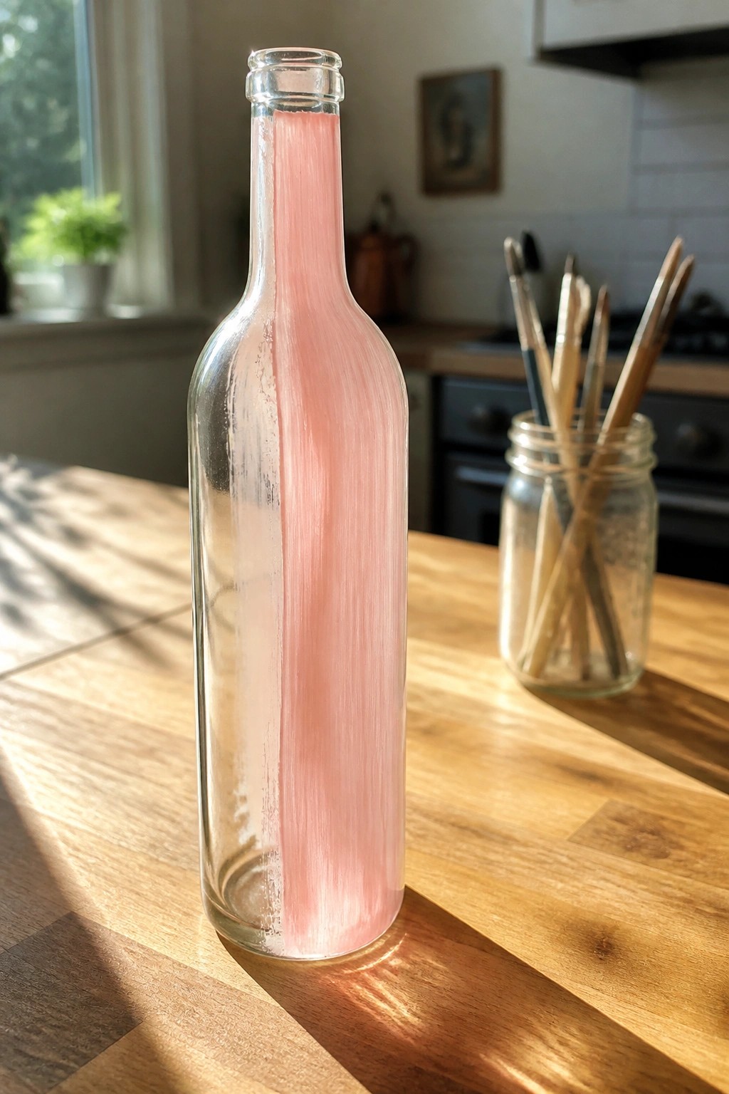 A clear glass bottle with a vertical pink painted stripe stands on a wooden table next to a jar of paintbrushes.