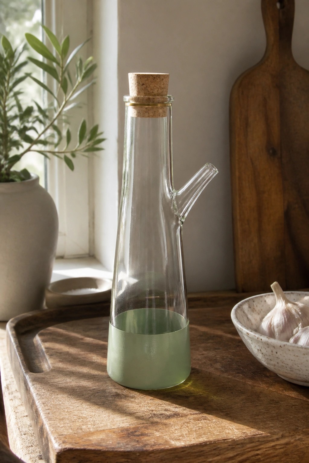 Glass bottle with cork, side spout, and green base on wooden tray beside garlic