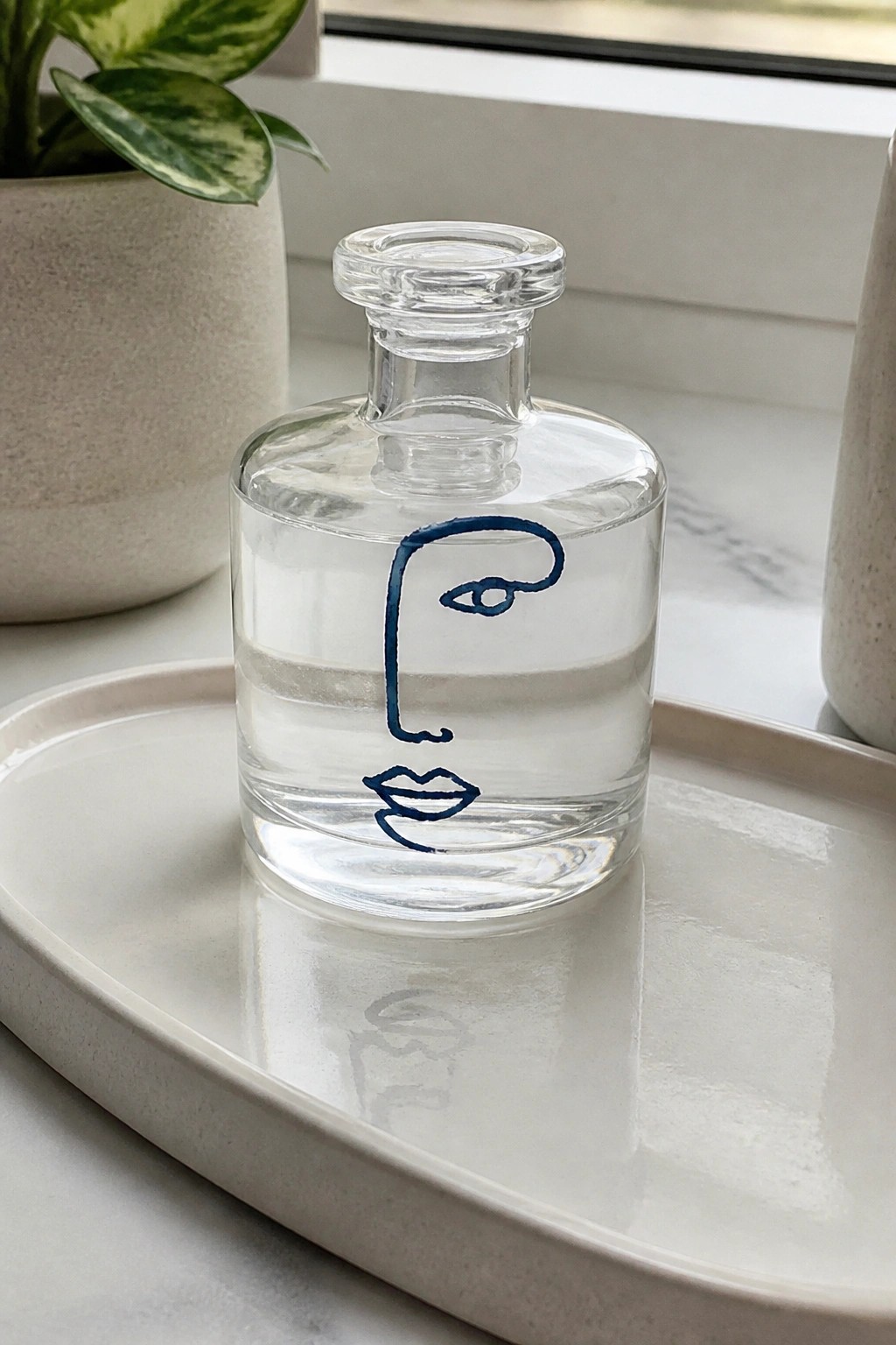 Clear glass bottle with blue abstract face drawing on white tray.
