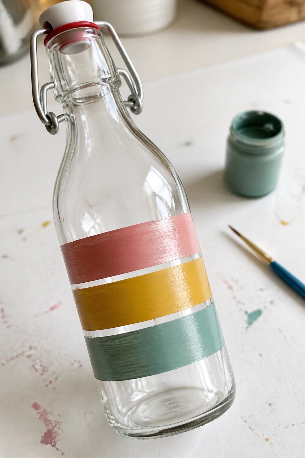 Glass bottle with pink, yellow, and teal painted stripes beside paint jar and brush
