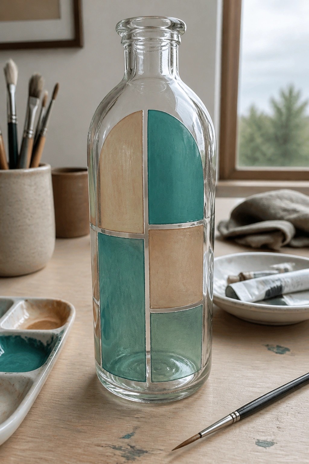 Glass bottle with teal and beige geometric panels amid art supplies on wooden table