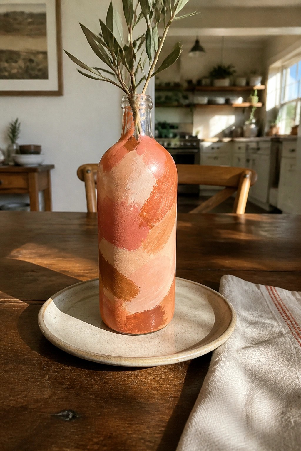 Abstract-painted orange bottle with olive branches on ceramic plate atop wooden table