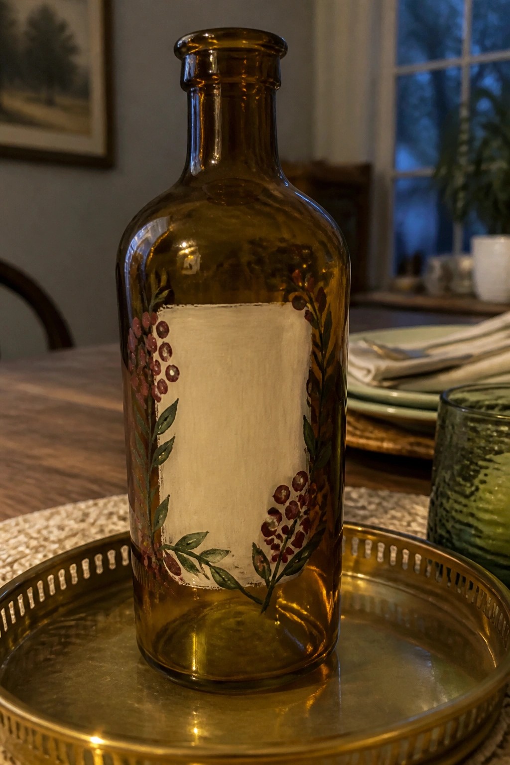 Painted amber glass bottle with berry designs on a golden tray