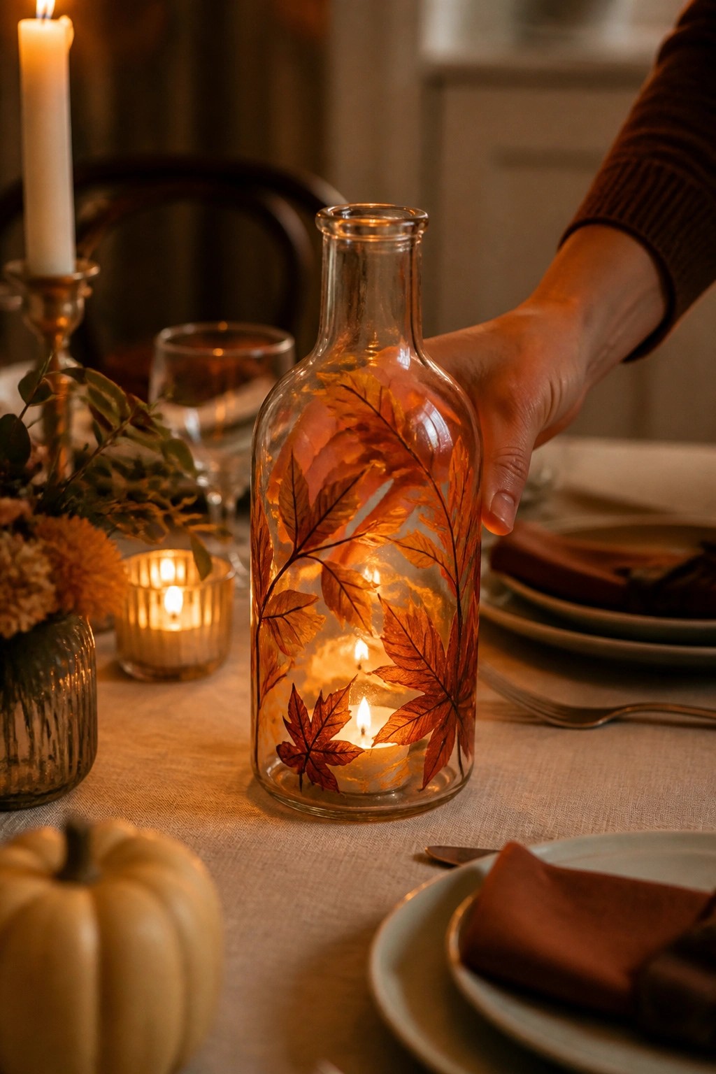 Hand holding glowing glass bottle with autumn leaves on fall table