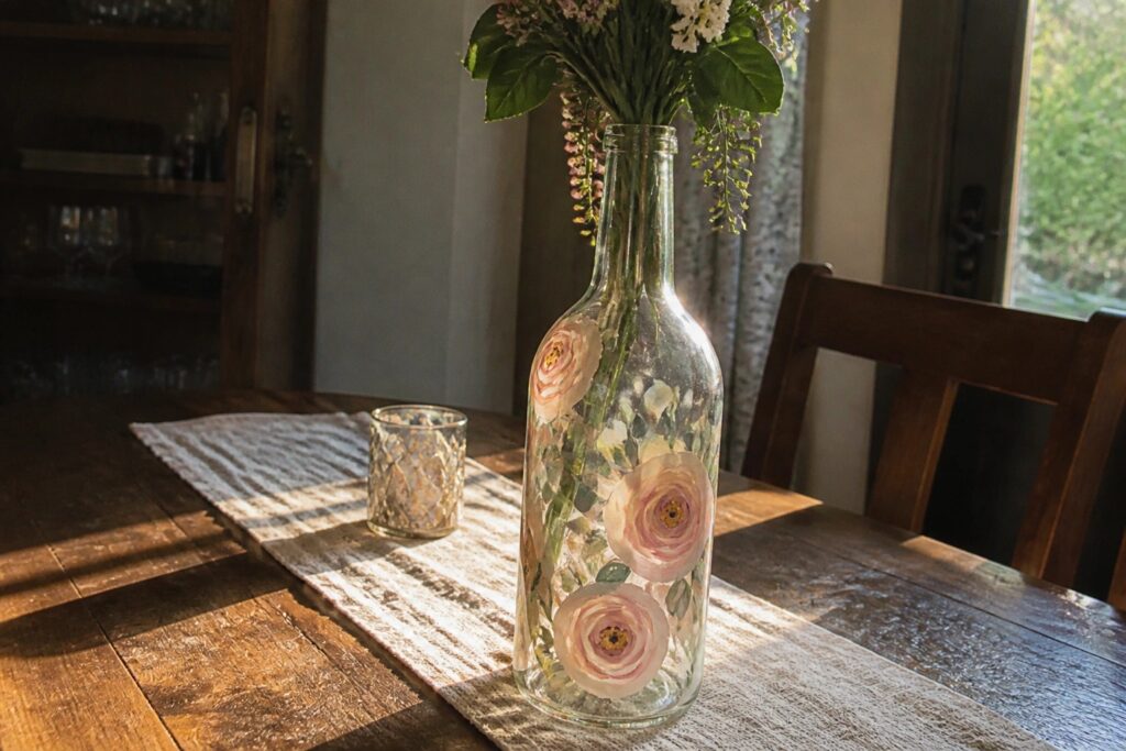 23 Stylish Painted Bottle Centerpiece Ideas for Dining Table Decor Glass bottle painted with pink roses, white flowers, and twine on wooden table.