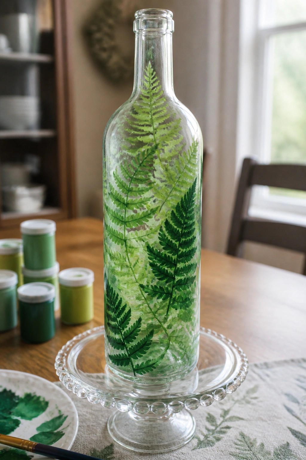 Glass bottle painted with green ferns on a pedestal amid paint jars on table.