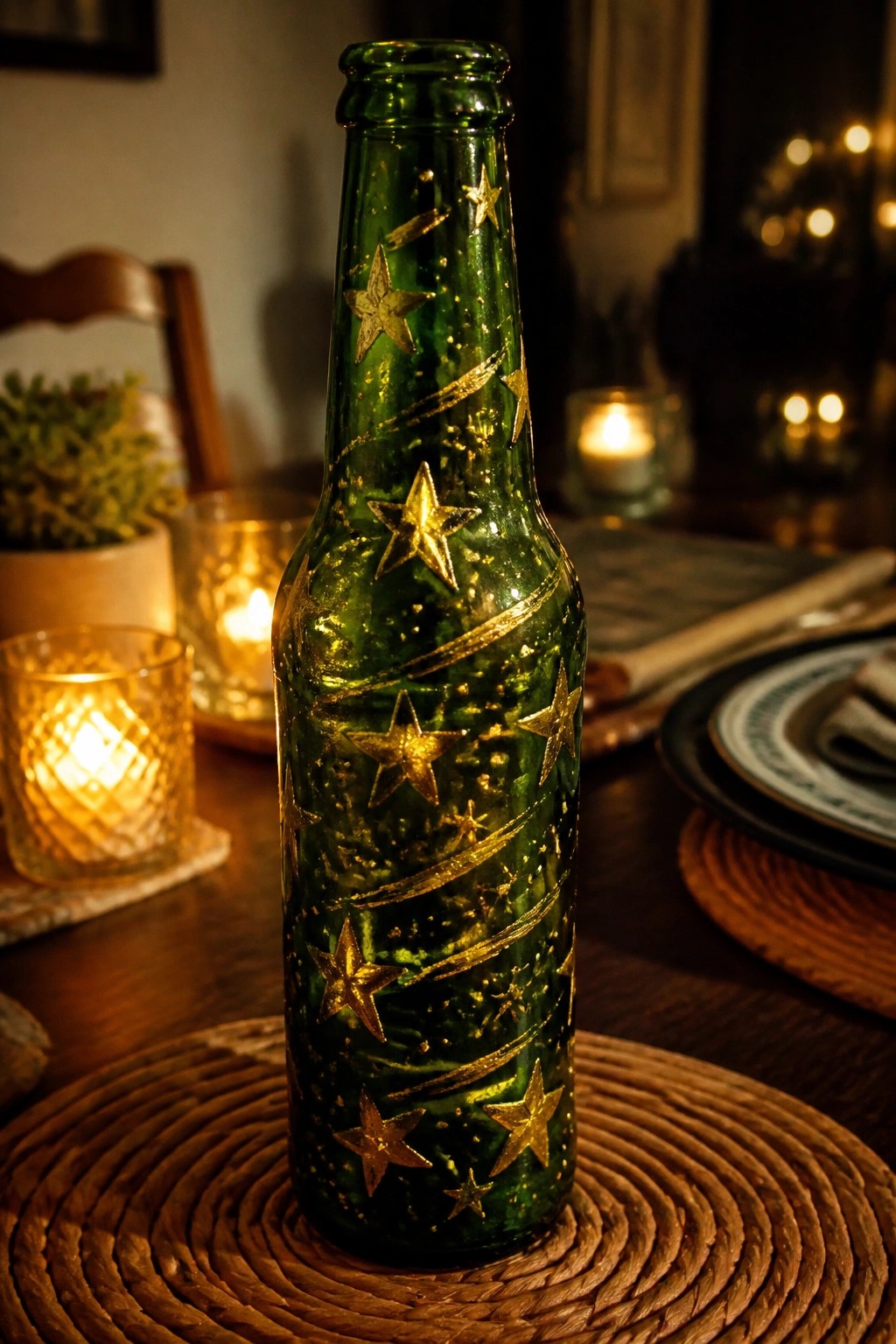 Green glass bottle with gold stars and swirls on woven mat amid glowing candles.