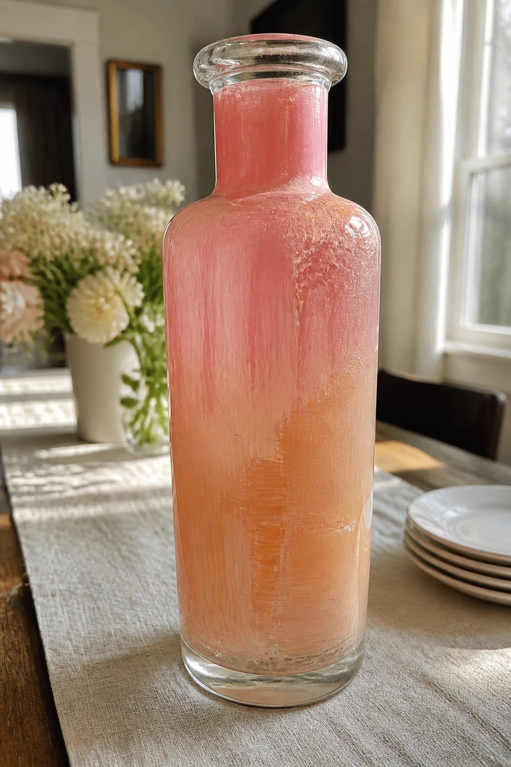 Frosty glass bottle of pink-orange liquid on linen-covered dining table