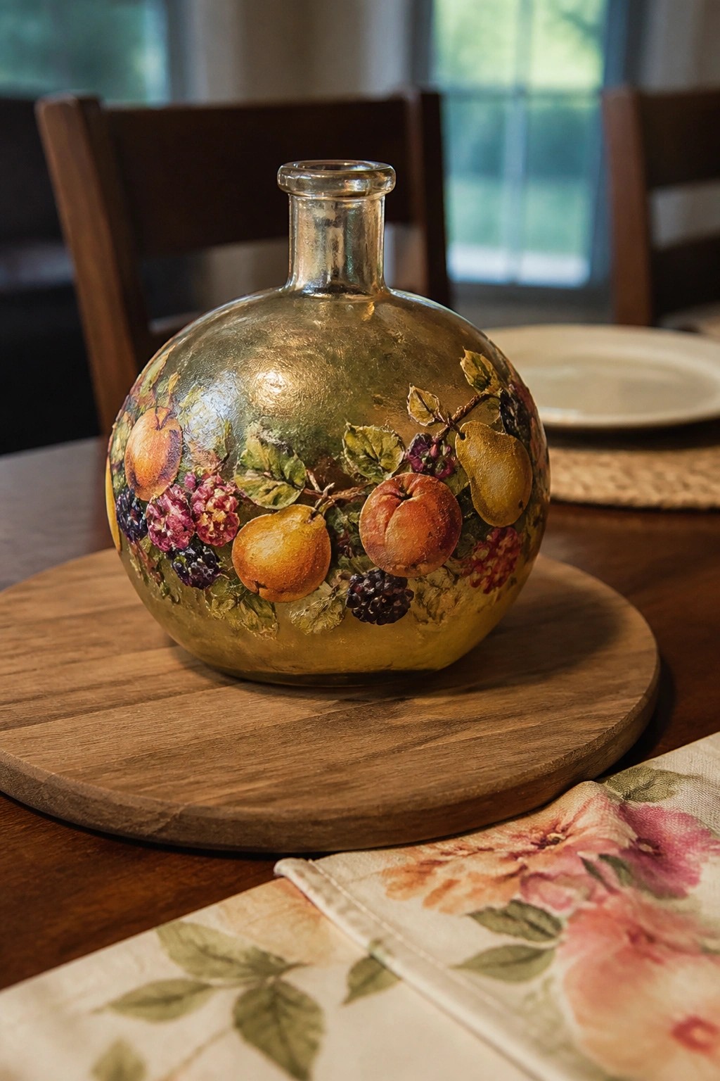 Round glass bottle with fruit paintings on wooden board atop table