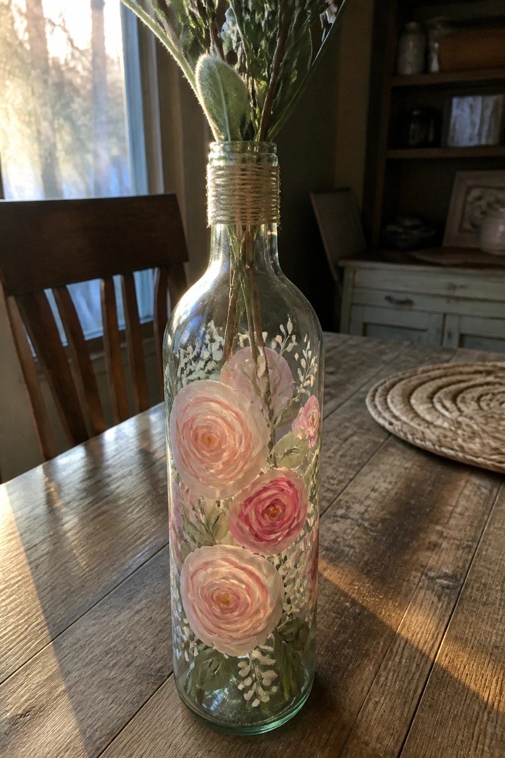 Glass bottle painted with pink roses, white flowers, and twine on wooden table.