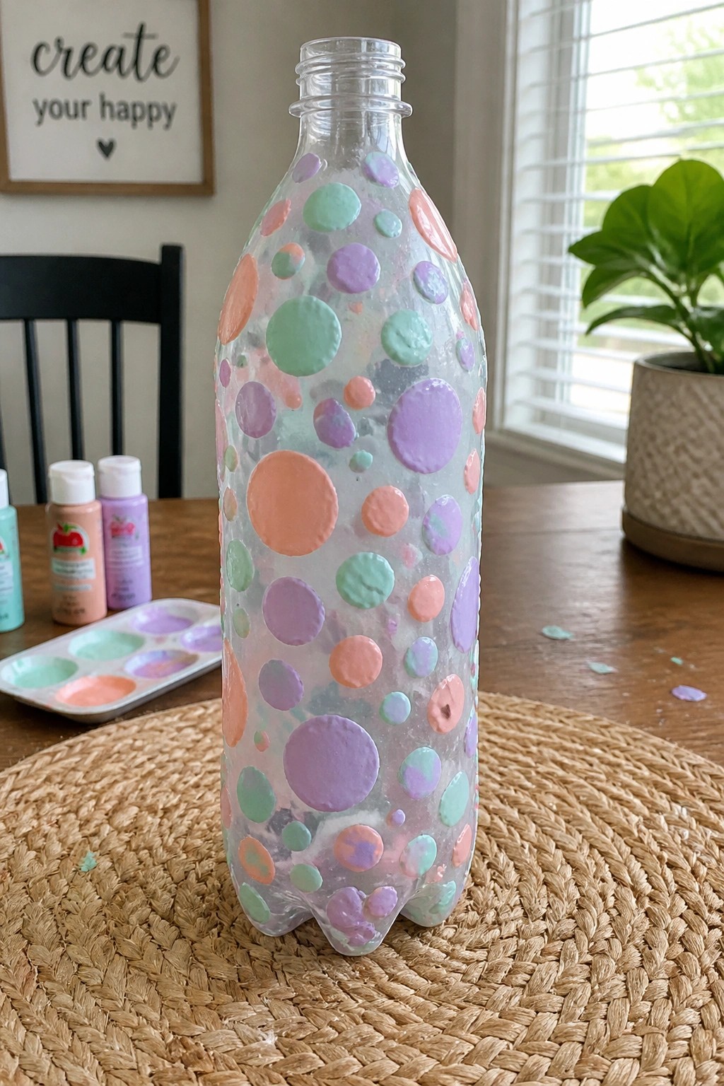 Clear plastic bottle adorned with pastel purple, green, orange paint dots on table.
