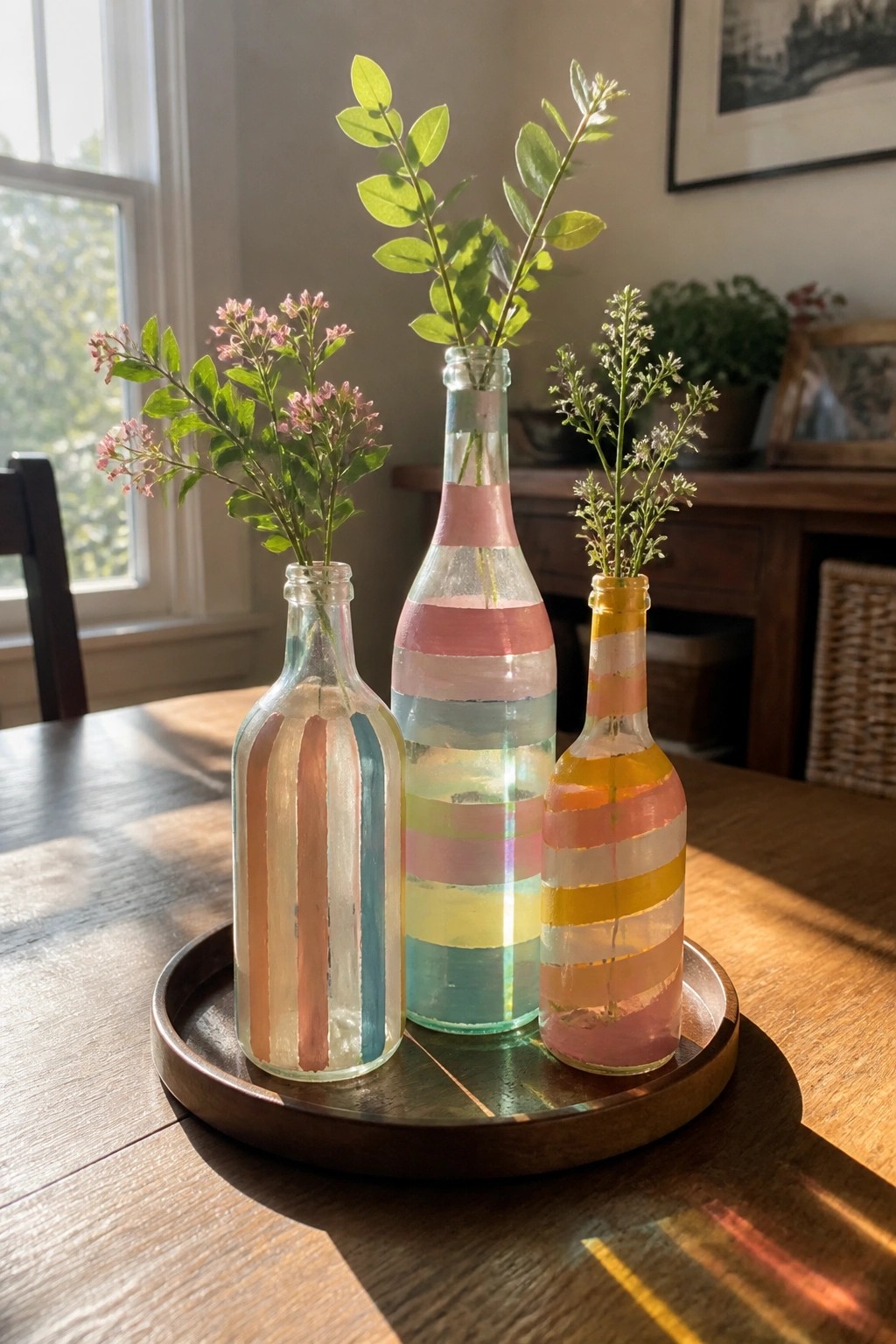 Three pastel-striped glass bottles with flowers on a wooden tray