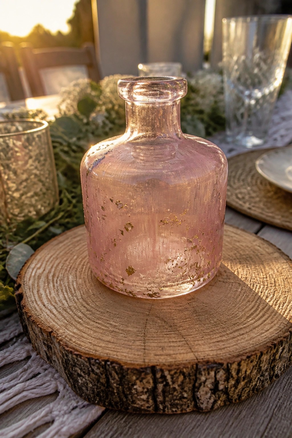 Pink crackle glass bottle with gold flecks on rustic wooden slice