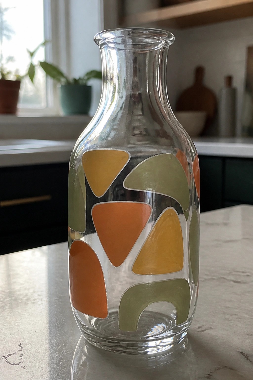 Clear glass vase with retro abstract shapes in orange, yellow, and green on marble counter.