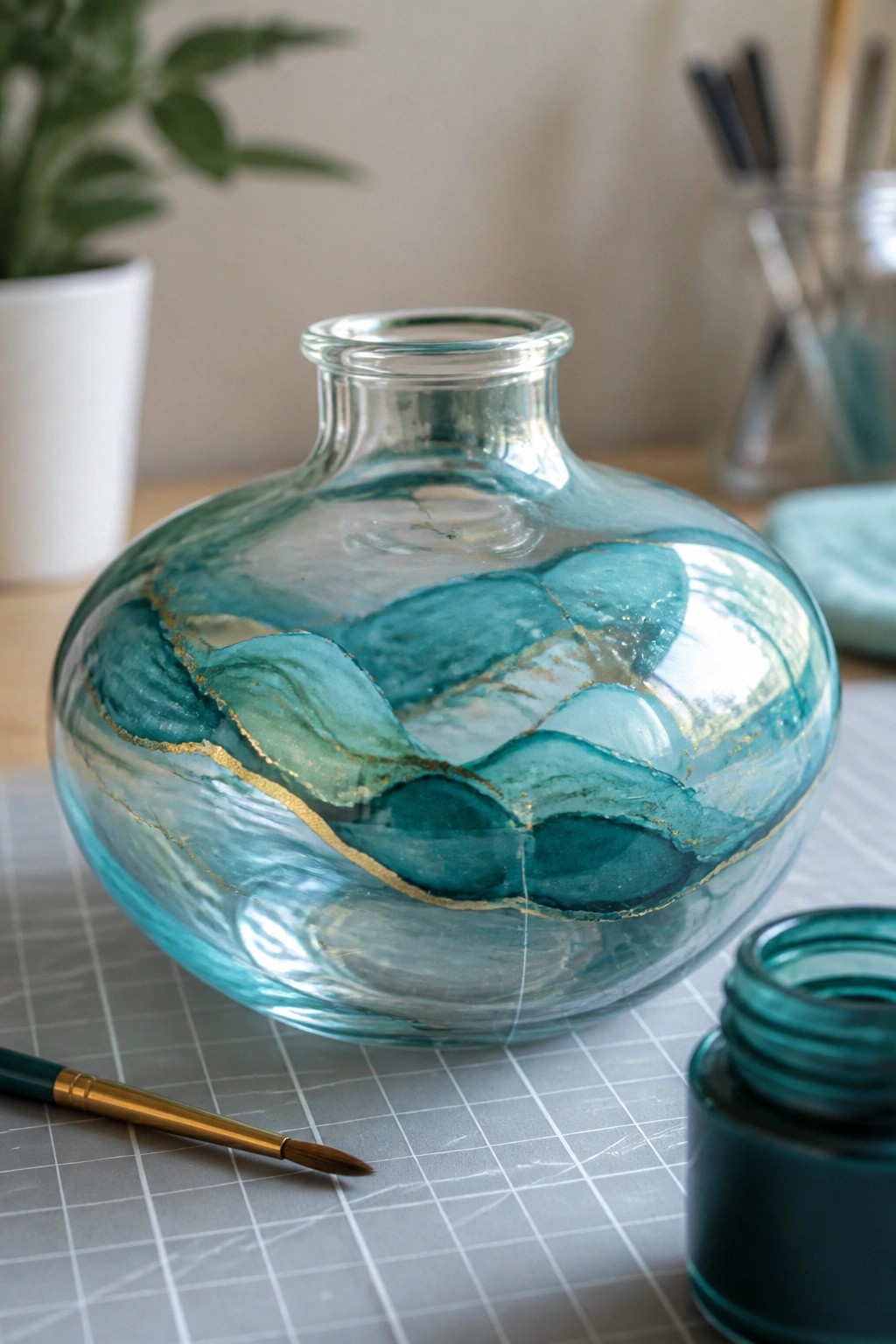 Turquoise and gold marbled glass vase beside paintbrush and teal jar on mat