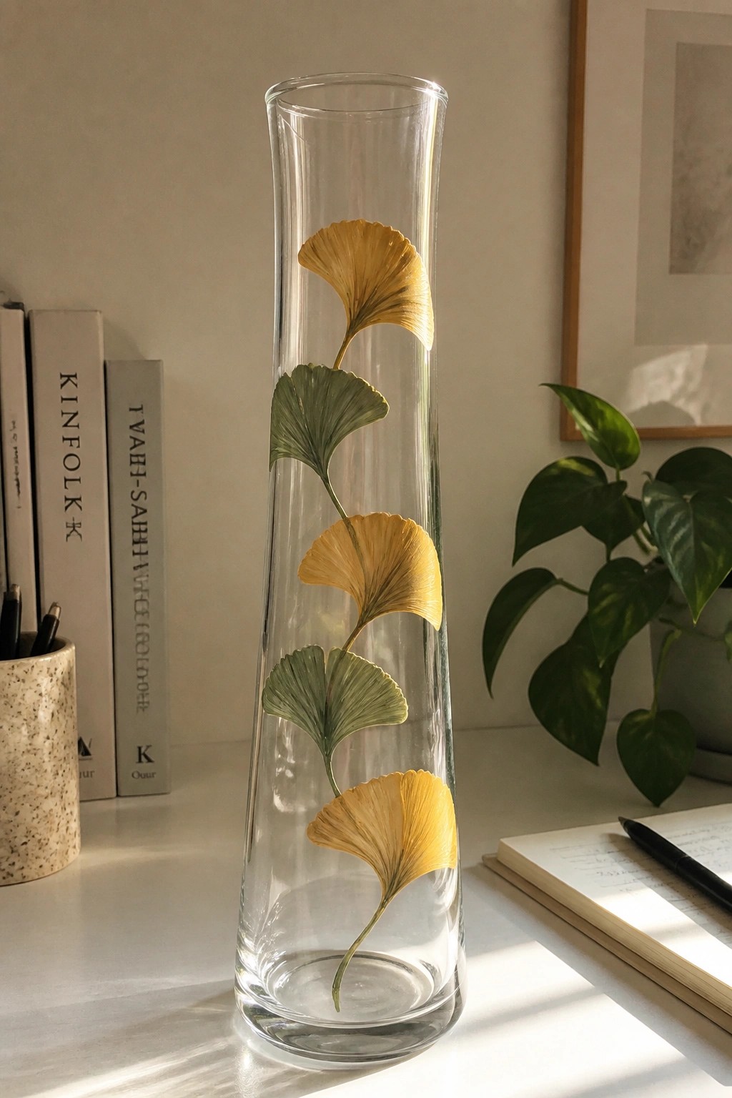 Tall glass vase with yellow and green ginkgo leaves on white desk surface