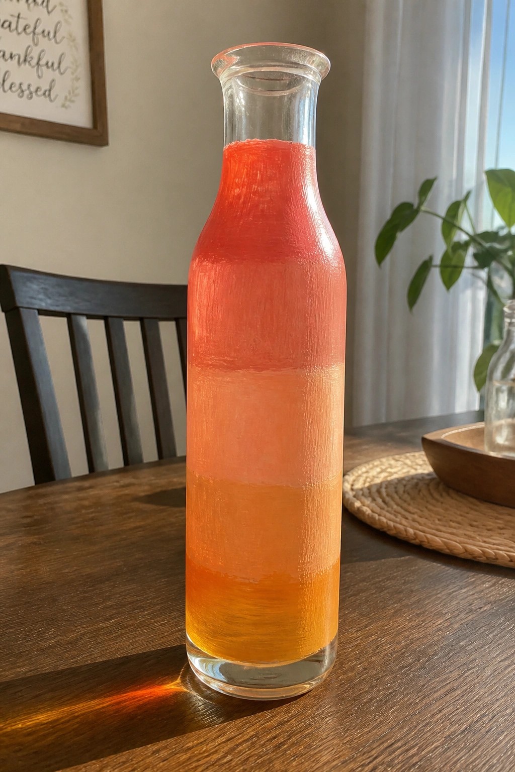 Layered red-to-yellow liquid fills a tall glass bottle on a wooden table