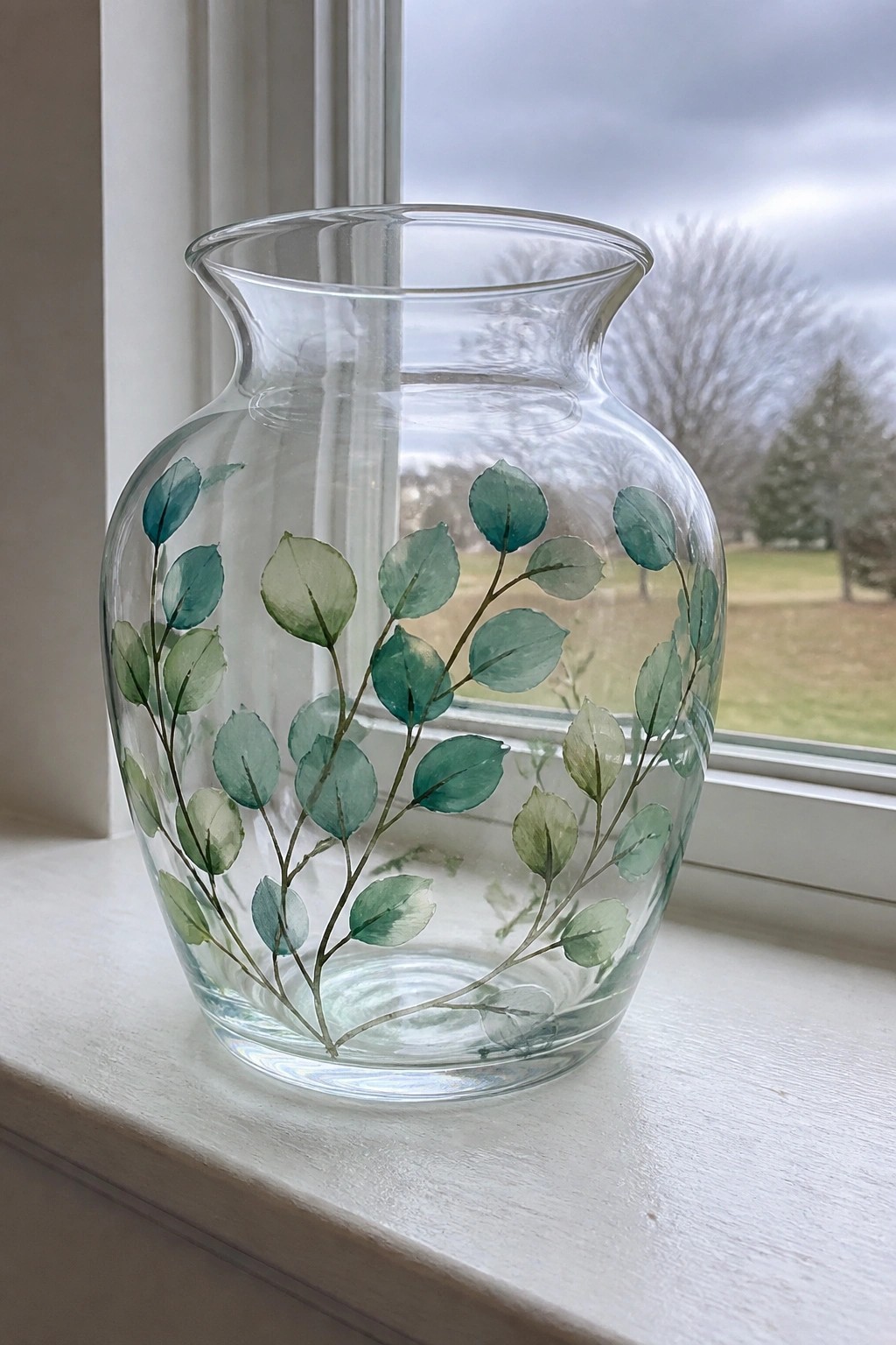 Clear glass vase with green leaf designs on white windowsill by window.