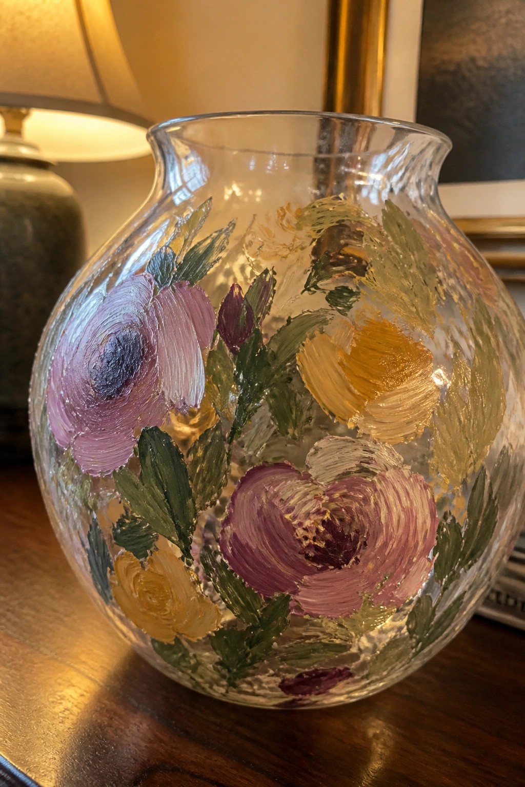 Hand-painted glass vase with purple, pink, and yellow flowers and green leaves