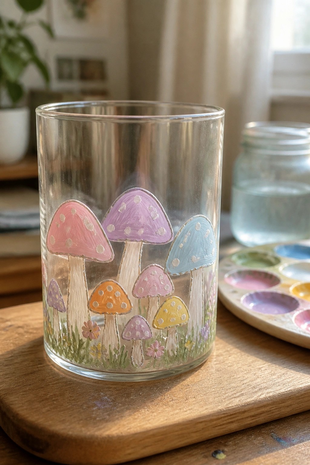 Clear glass tumbler hand-painted with colorful spotted mushrooms on wooden surface.