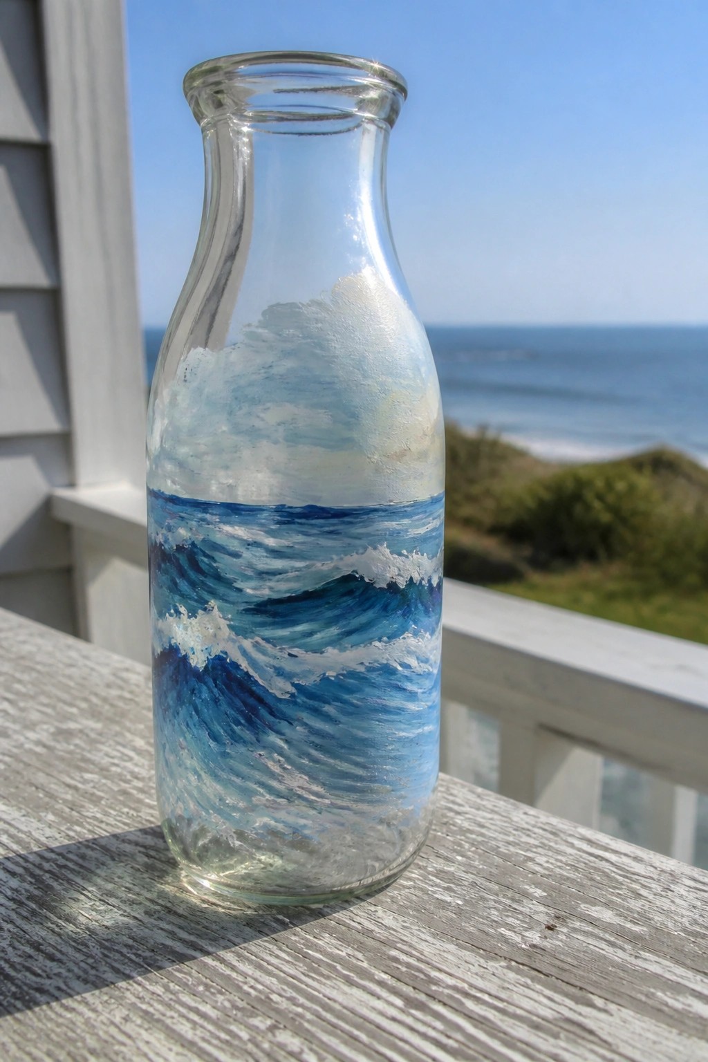 Painted glass milk bottle with blue waves and foam on wooden railing by ocean.