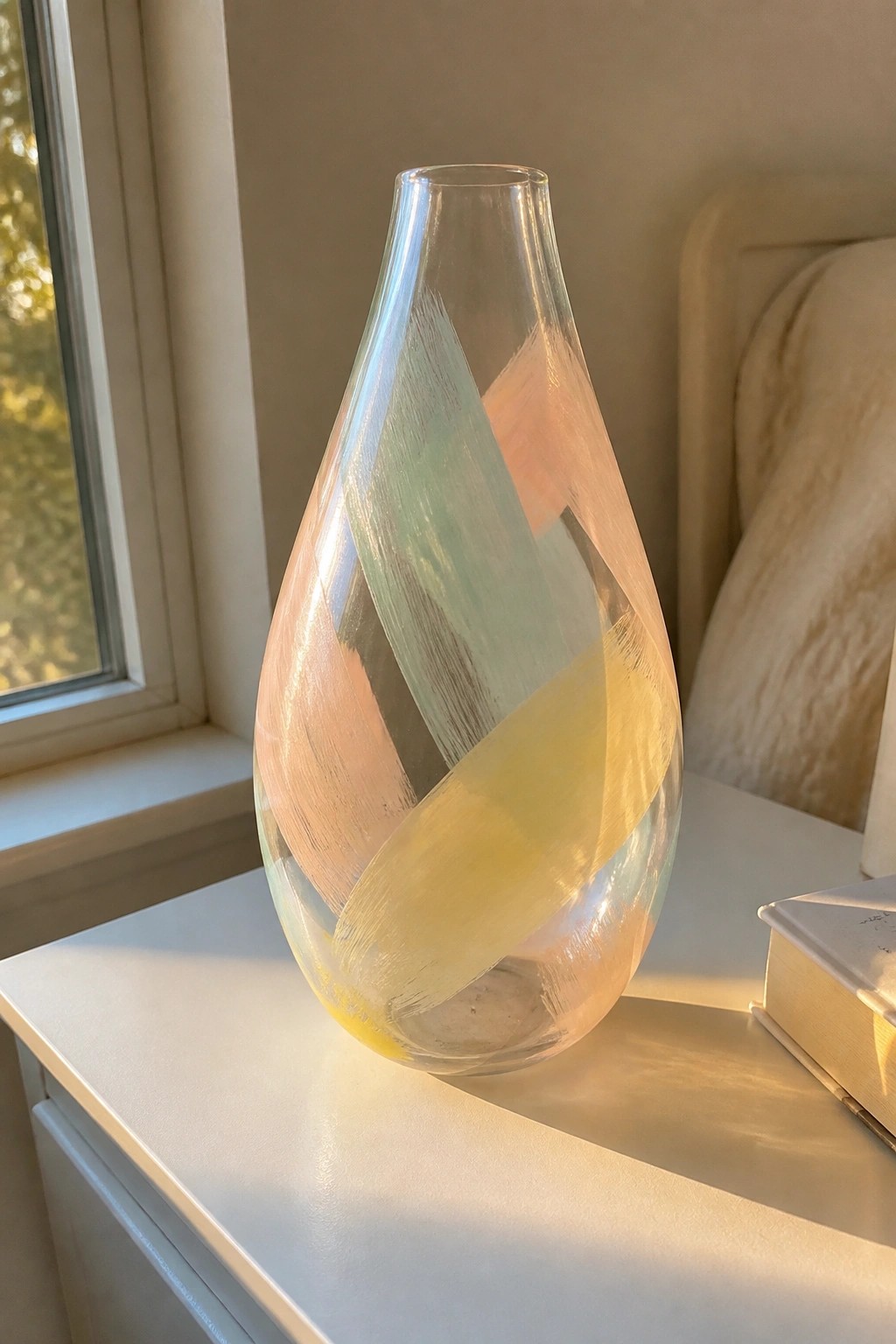 Pastel brushstroke glass vase on sunlit white surface beside book