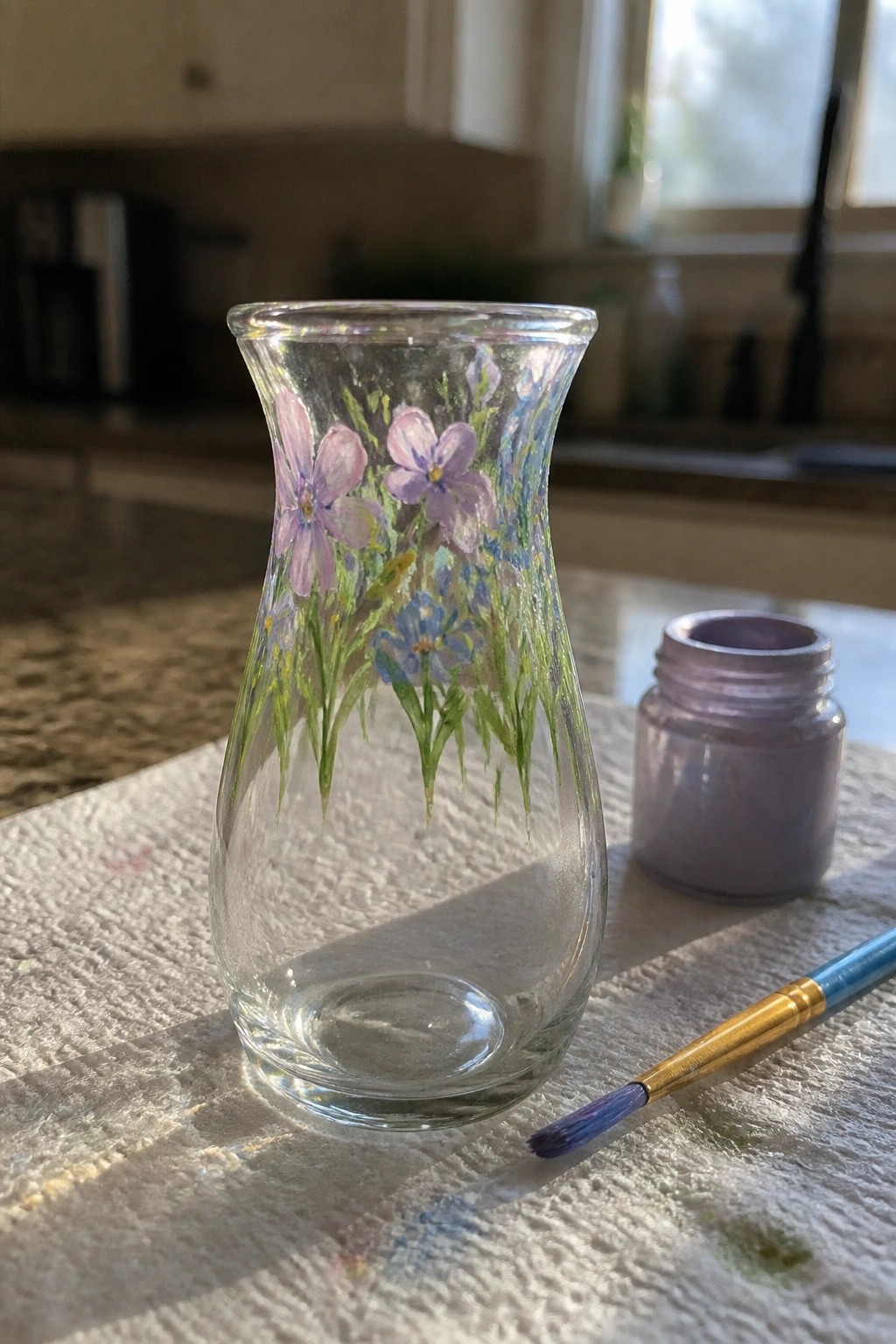 Glass vase with purple flowers and green stems beside paint jar and brush on towel