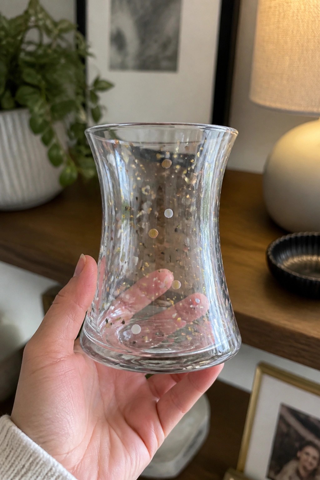 Hand holding clear glass vase with gold and white speckles on wooden table