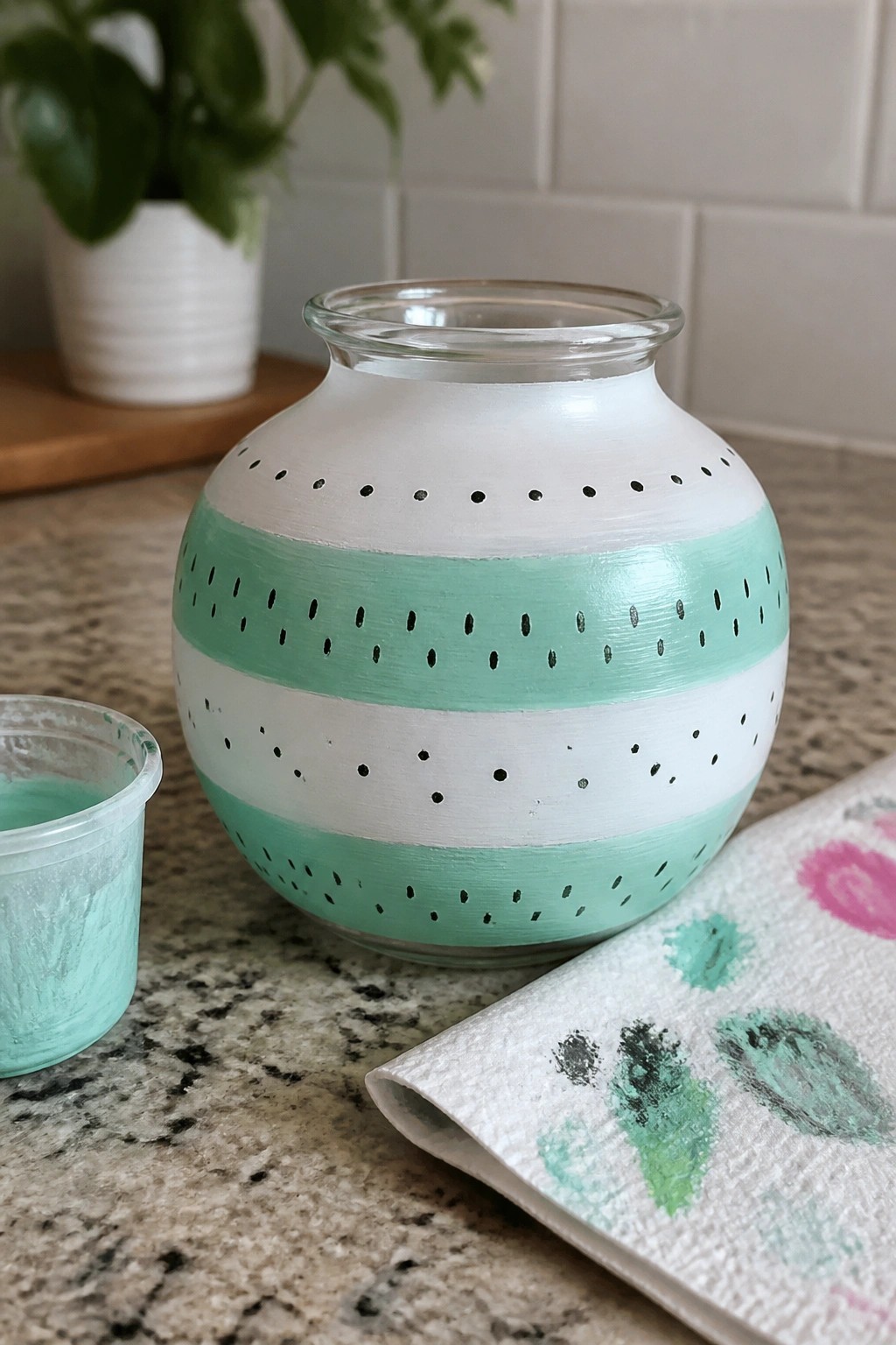 Mint green and white striped painted glass jar on countertop with supplies