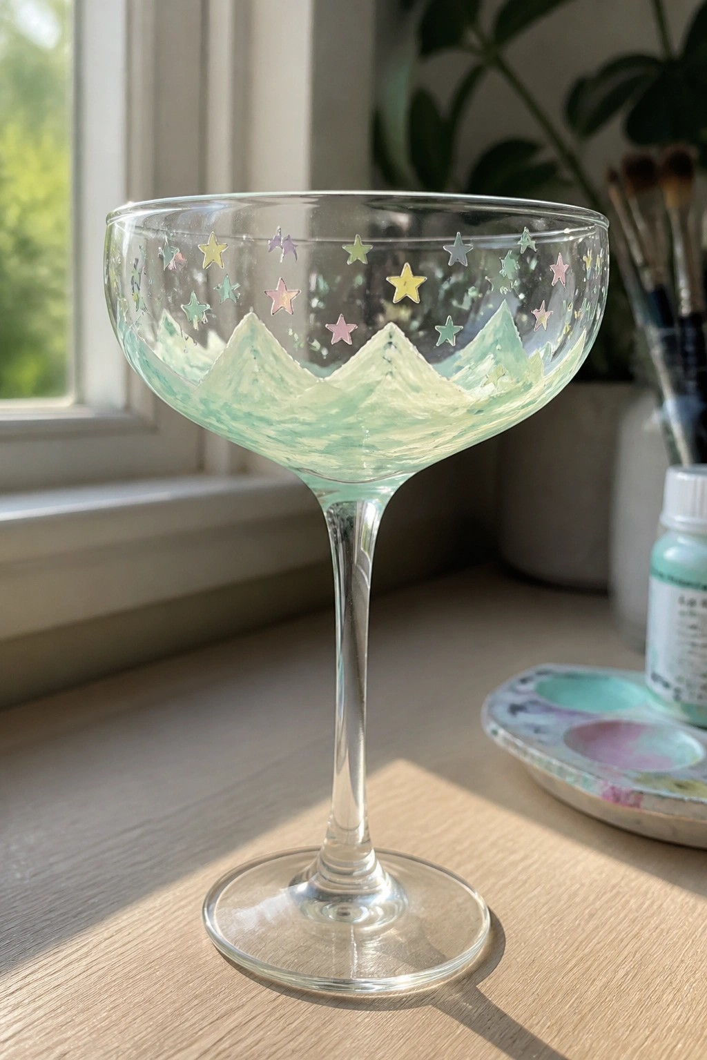 Hand-painted coupe glass with mint mountains and colorful stars on wooden table.