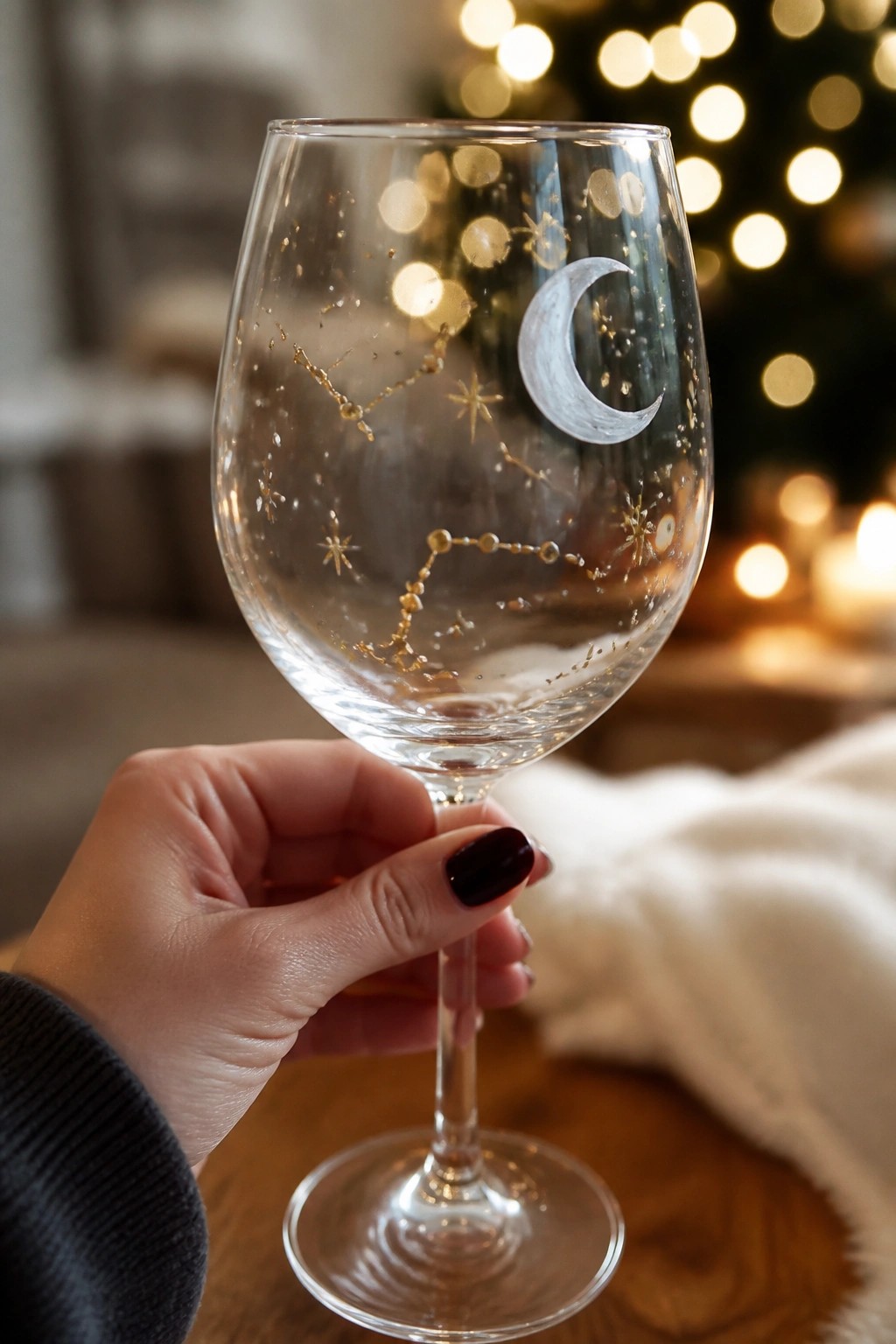 Hand with dark nails holding wine glass with moon, stars and constellations