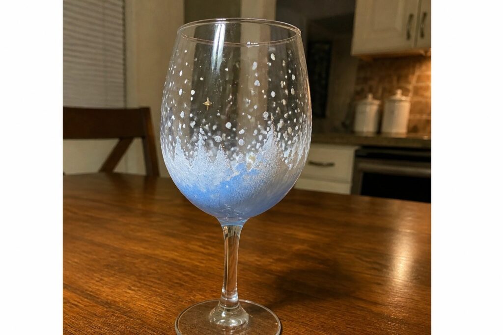 23 Whimsical Winter Wine Glass Designs Featuring Falling Snow and Tiny Stars Decorated wine glass with blue gradient base, gold stars, and white dots on wooden table.