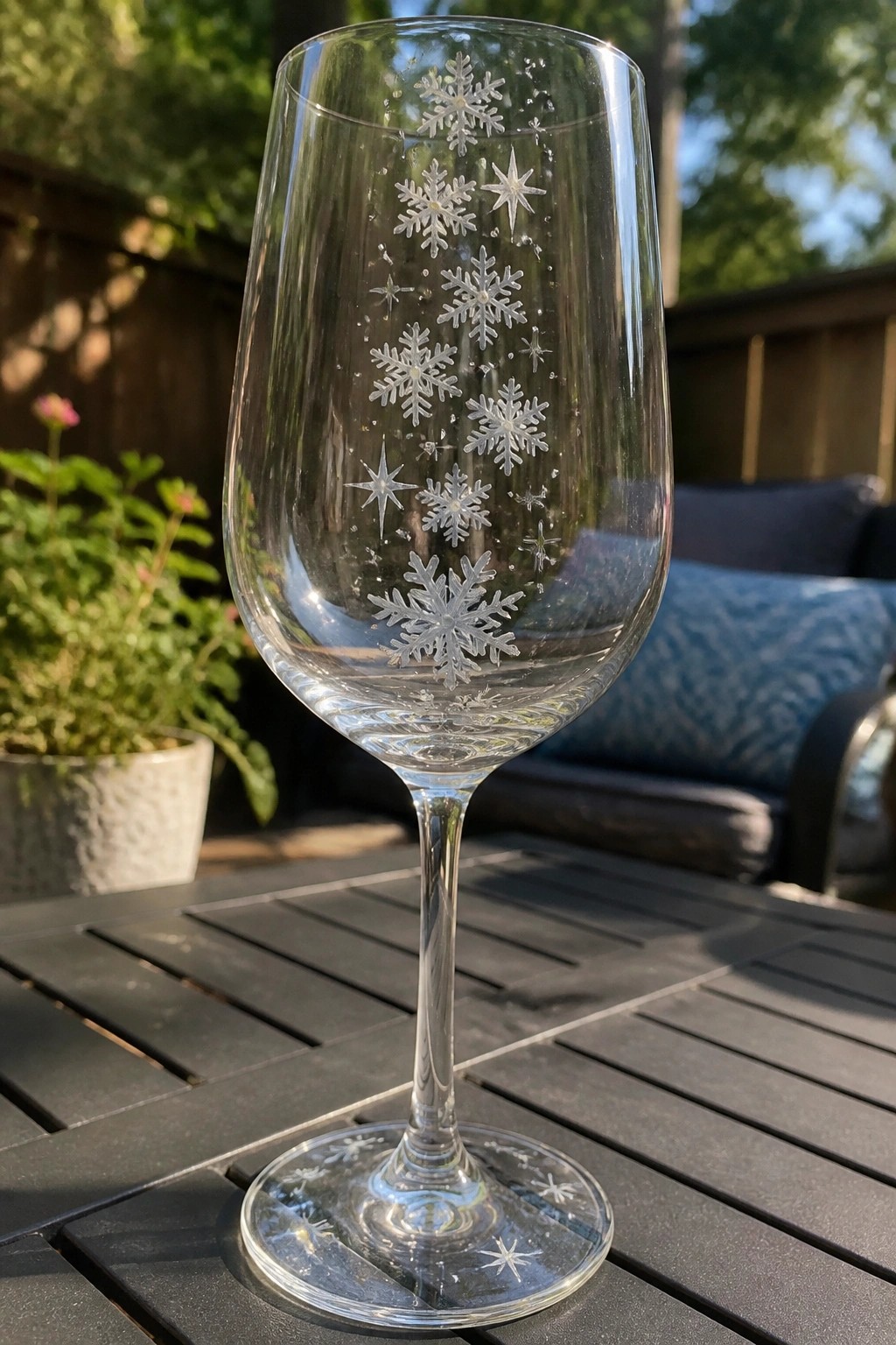 Clear wine glass etched with snowflakes and stars on dark wooden outdoor table